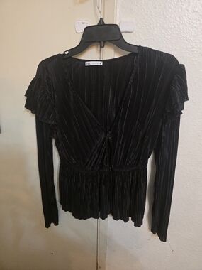 Zara Black Pleated Wrap Blouse with Ruffle Shoulders